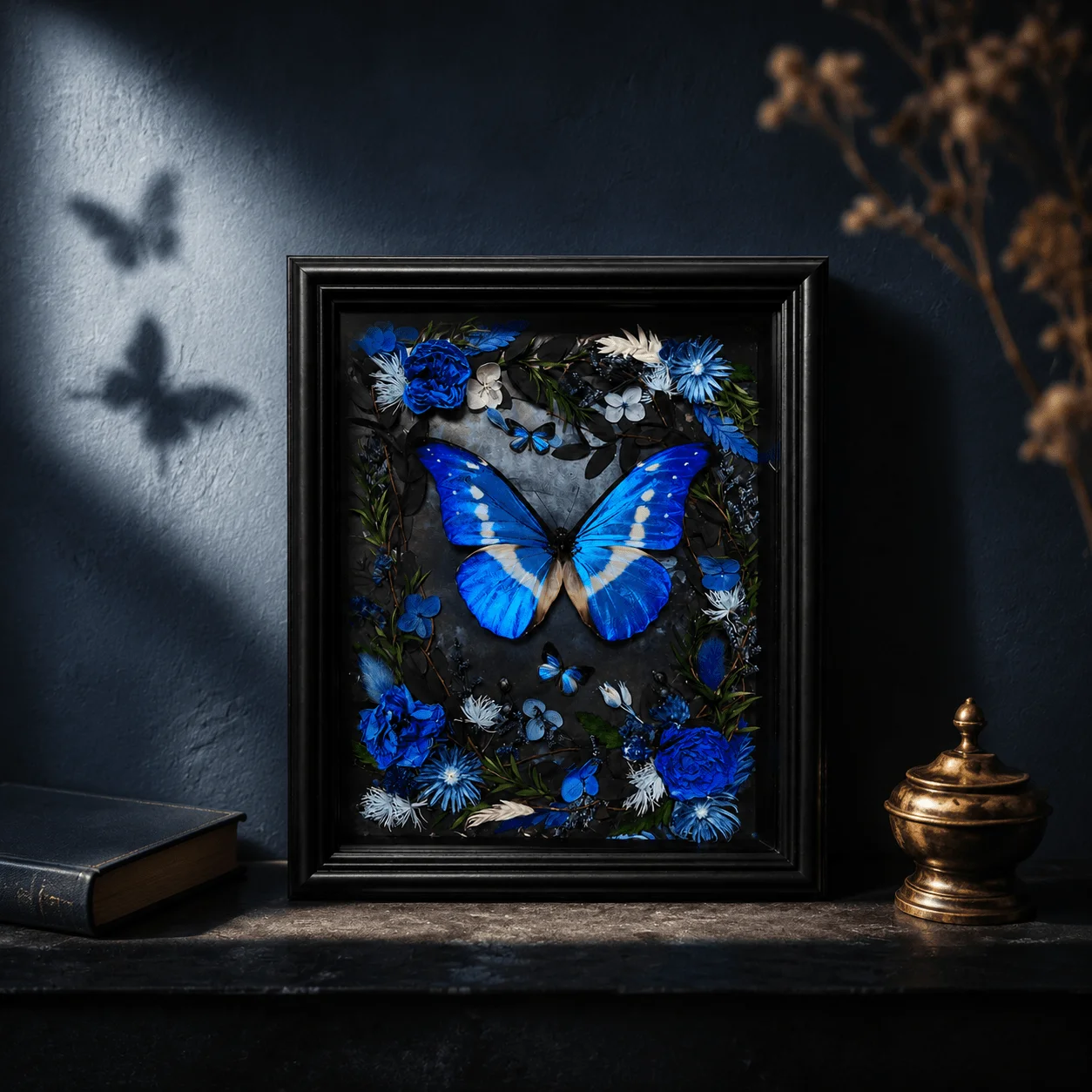 Natural Morpho Helena Butterfly Art Frame, Iridescent Bluewing with Dried Botanical Layout, Elegant Display