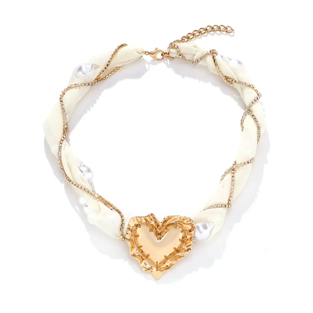 ZAA Retro Alloy Heart Pearl Mesh Chain Woven Choker Necklace