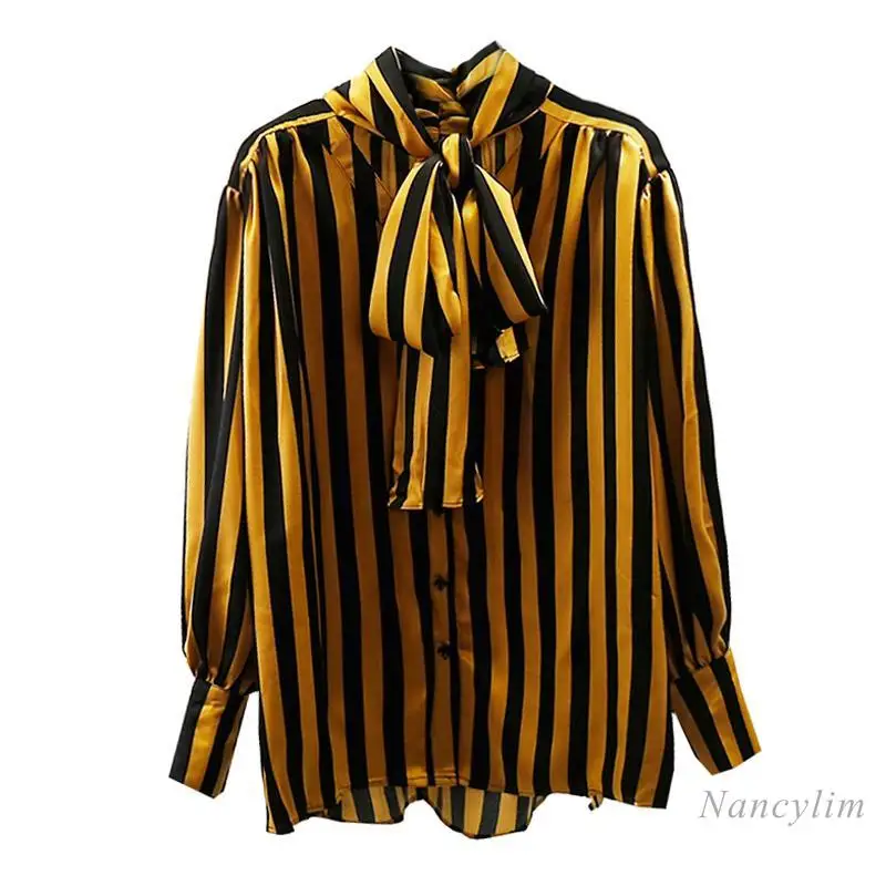 Fashion Heavy Industry's New Bow-tie Striped Shirt Blouse for Women Ladies Long Sleeves Loose and Versatile Tops