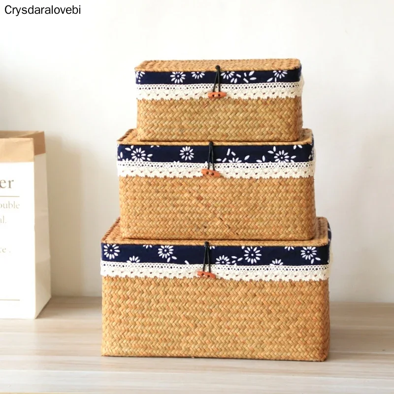 Seaweed Woven Box Grass Basket with Lid Household Storage Basket Snack Storage Rattan Fabric Rectangle Bedroom Sort Out Boxes