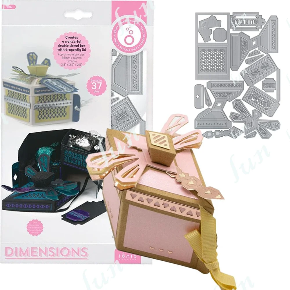 Dainty Dragonfly Tiered Box Die Set Świąteczne ramki Świąteczne metalowe matryce do wycinania Pudełko Przezroczyste stemple Silikonowa pieczęć DIY