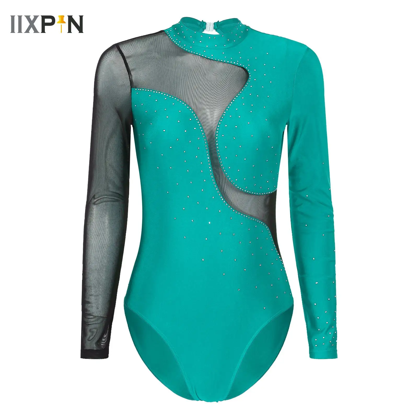 

Women Acrobatics Gymnastics Bodysuit Leotard Ballet Dance Jersey Rhinestones Sheer Mesh Figure Skating Training Performance Wear