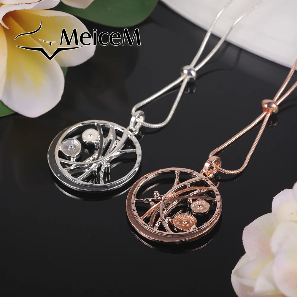 MeiceM Luxurious Openwork Round Alloy Pendant Necklace 2 Colors Optional Lotus Leaf Necklaces For Women Neck Jewelry Party Gift