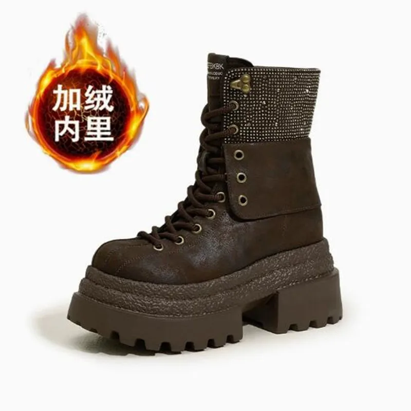

Luxury 2026 Women Mid-calf Boots Leather Chunky Sneakers New Winter Warm Fur Snow Boots 9CM Heels High Platform Motorcycle Boots