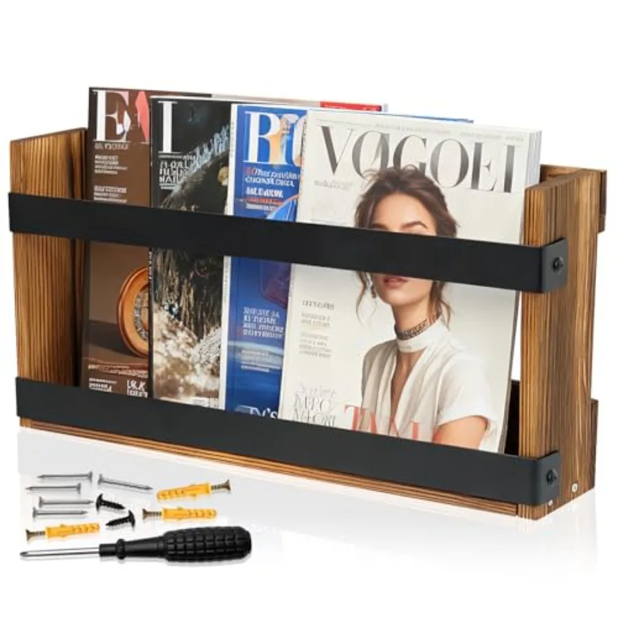 Wood Magazine Holders Wall and Bathroom Magazine Rack Pine Wood + Black Metal Wall Magazine Holder for Magazines Books Mountabl