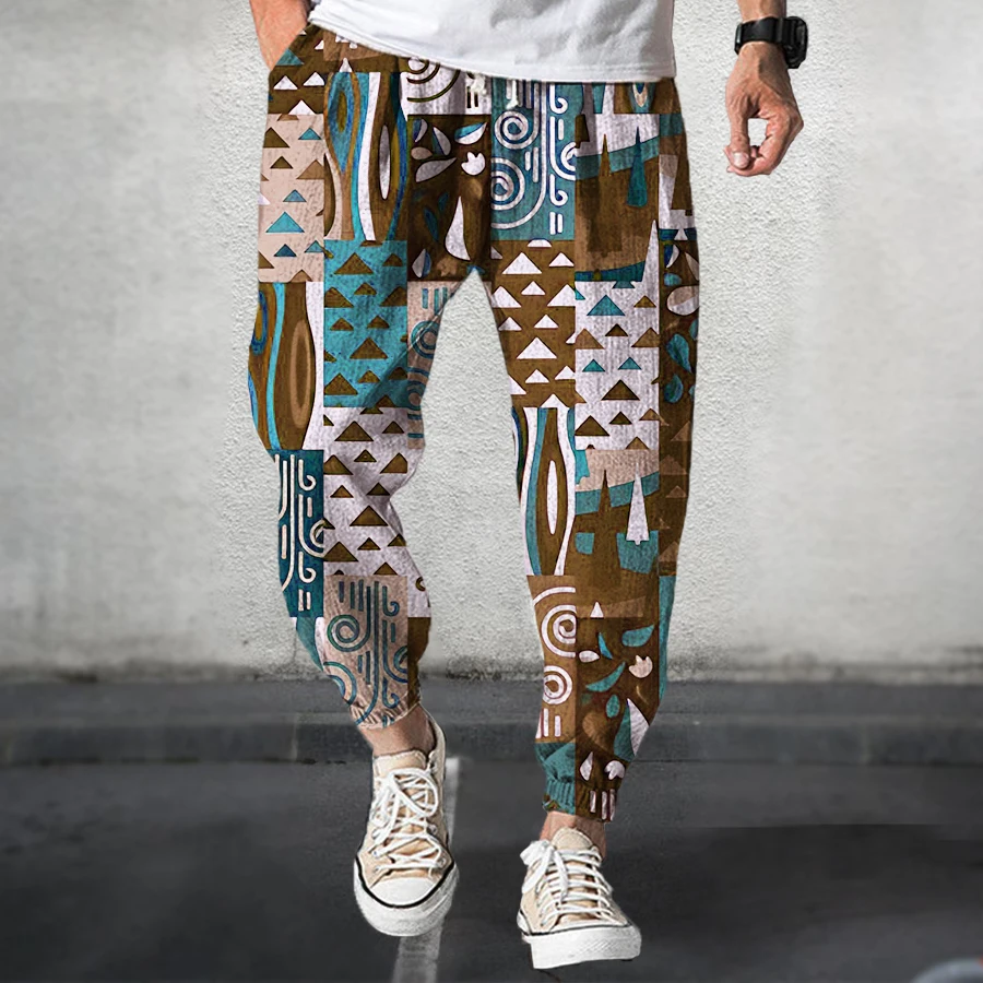 MEN'S CASUAL ANKLE PANTS NEW FASHION SPLICING SQUARE PRINT CASUAL LAZY STYLE, TO CREATE A DAILY BREATHABLE CASUAL GOOD-LOOKING