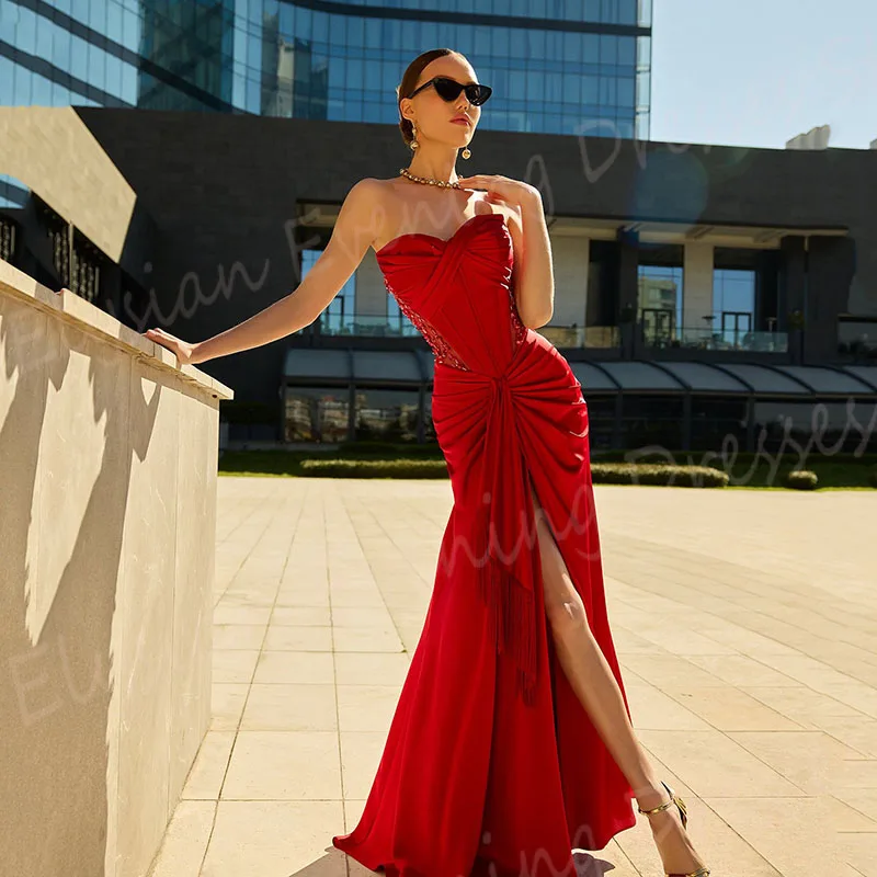 Elegant Red Women's Mermaid Charming Evening Dresses Classic Strapless Sleeveless Prom Gowns Split Beaded Pleated فساتين سهرة