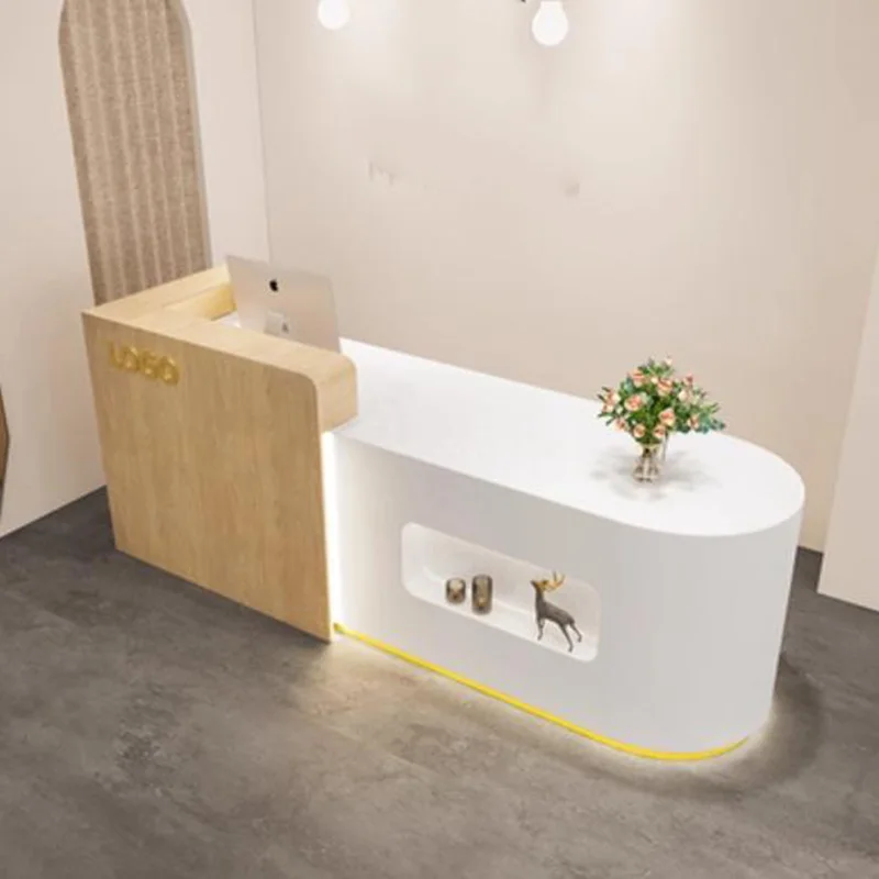 أضواء LED منحنية مكاتب الاستقبال المنظمون مكاتب الاستقبال الجمالية الحد الأدنى Mostrador De Tienda الأثاث التجاري