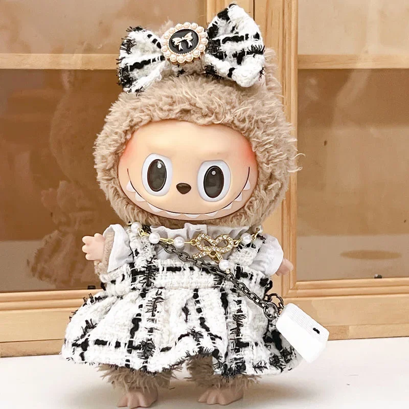 

Doll Clothes Outfit Accessories Labubu Clothes Designer Black and White Plaid Dress Set DIY Mini Dolls Clothing Girl Gift