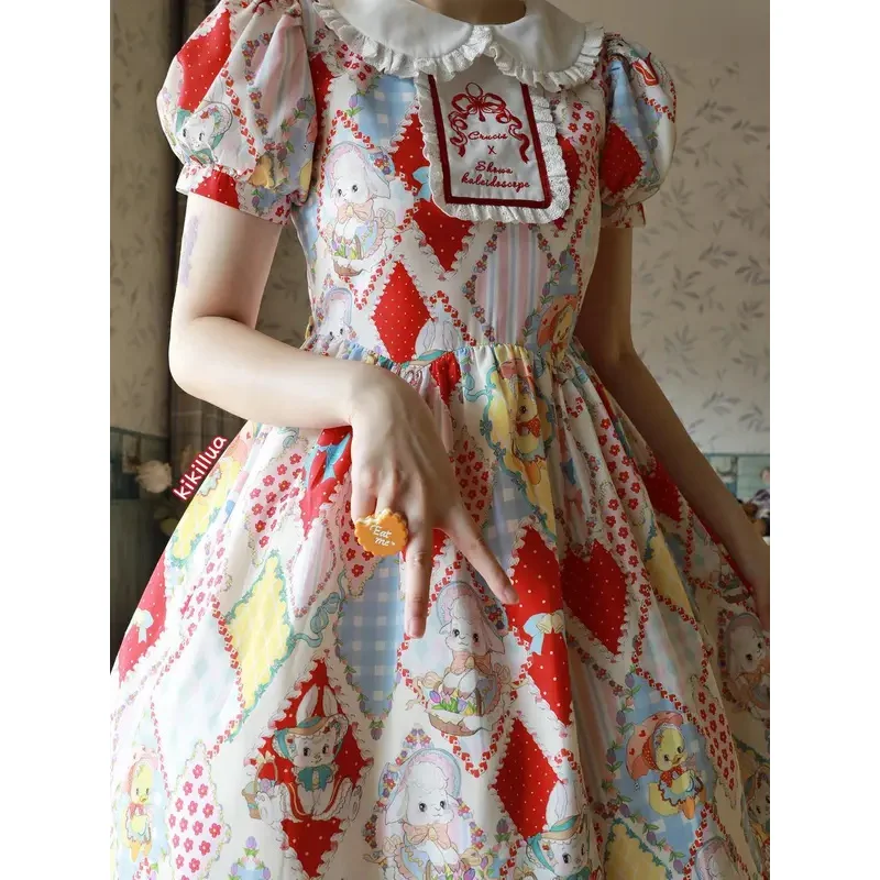 MN1 [Showa Kaleidoscope] lolita ชุดผู้หญิงวินเทจ OP ปักแขนสั้นชุดเจ้าหญิงญี่ปุ่นหวาน Kawaii8/ yG