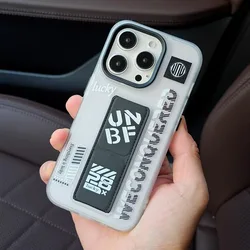 Fashion trendy graffiti wristband holder phone case for iPhone 16 15 14 13 Pro Max Titanium gray scratch-proof hard back cover