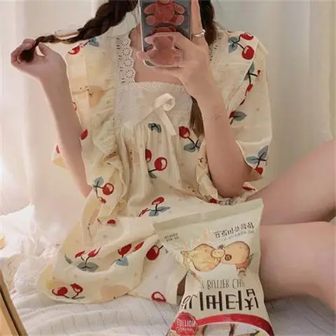 الكورية لطيف بيجامة مجموعات المرأة الصيف الكرتون ملابس المنزل قطعتين مجموعة امرأة ملابس خاصة بيجامة قطنية عرض ملابس النوم Pj #2