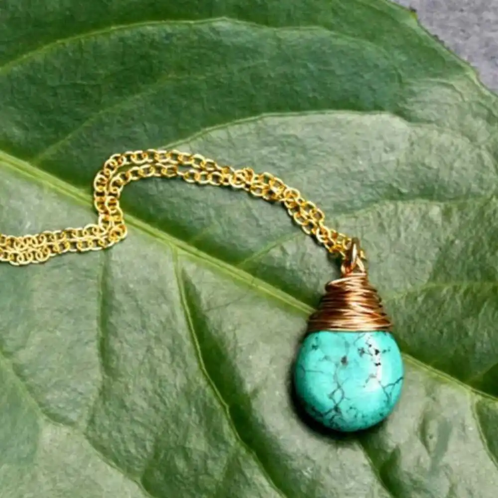 Natural Turquoise Wrap 18K Silk Thread Pendant+18inch Chain Restore Chakra Fancy Wristband Day Souvenir