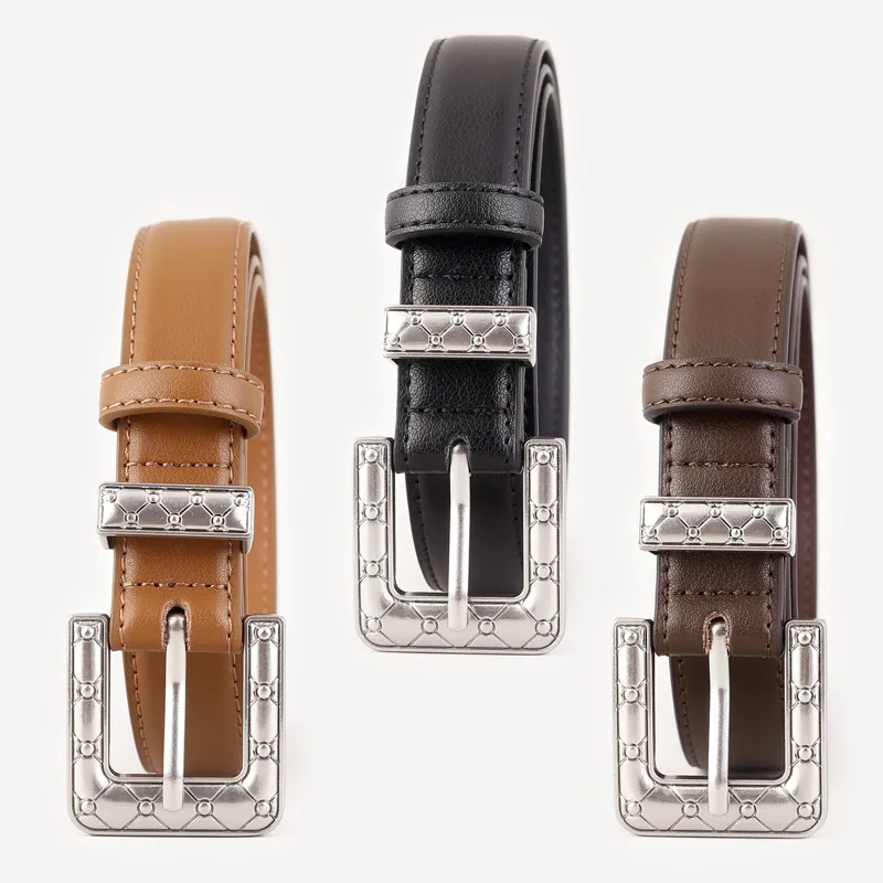 Original Design Silver Square Buckle Pin Adjustable Jeans Belt Strap Corsets for Women Classic Black Brown Cowskin Waist Belts