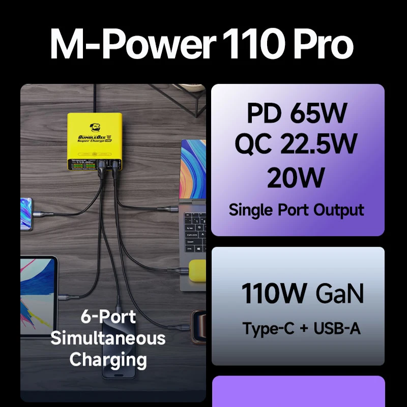 MECHANIC M-Power 110 Pro GaN 110W 6 Port USB C Fast Charger Station PD 65W QC 22 5W For Phone Laptop iPad Repair Charging Tools
