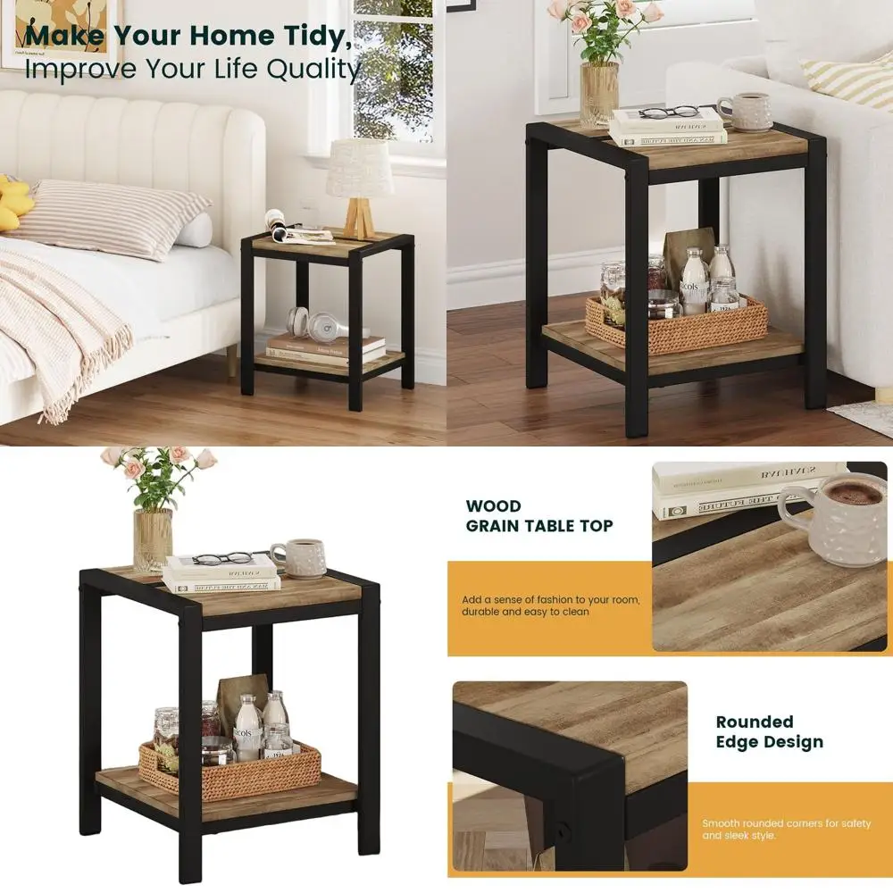 

Vintage Oak 2-Tier Nightstand with Storage for Bedroom and Living Room