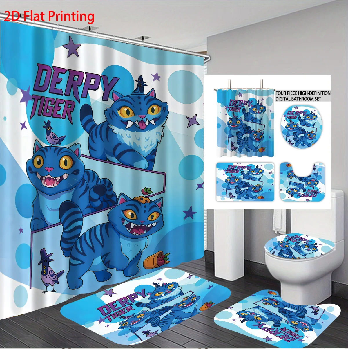 

4pcs K-Pop Demon Hunters print bathroom set 180x180 waterproof shower curtain 12 hooks floor mat, toilet seat, U-shaped pad