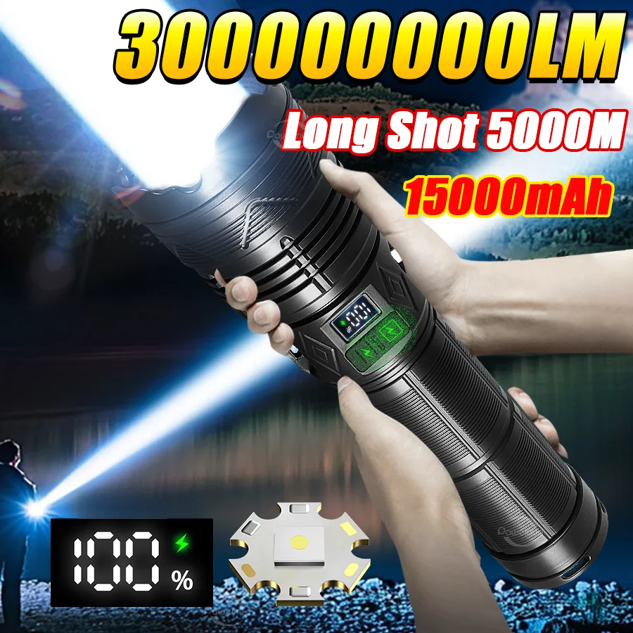 

300000000LM Most Powerful LED Flashlight Rechargeable Tactical Torch 5000M Ultra Bright Flashlight ABS Portable Lamp Camping