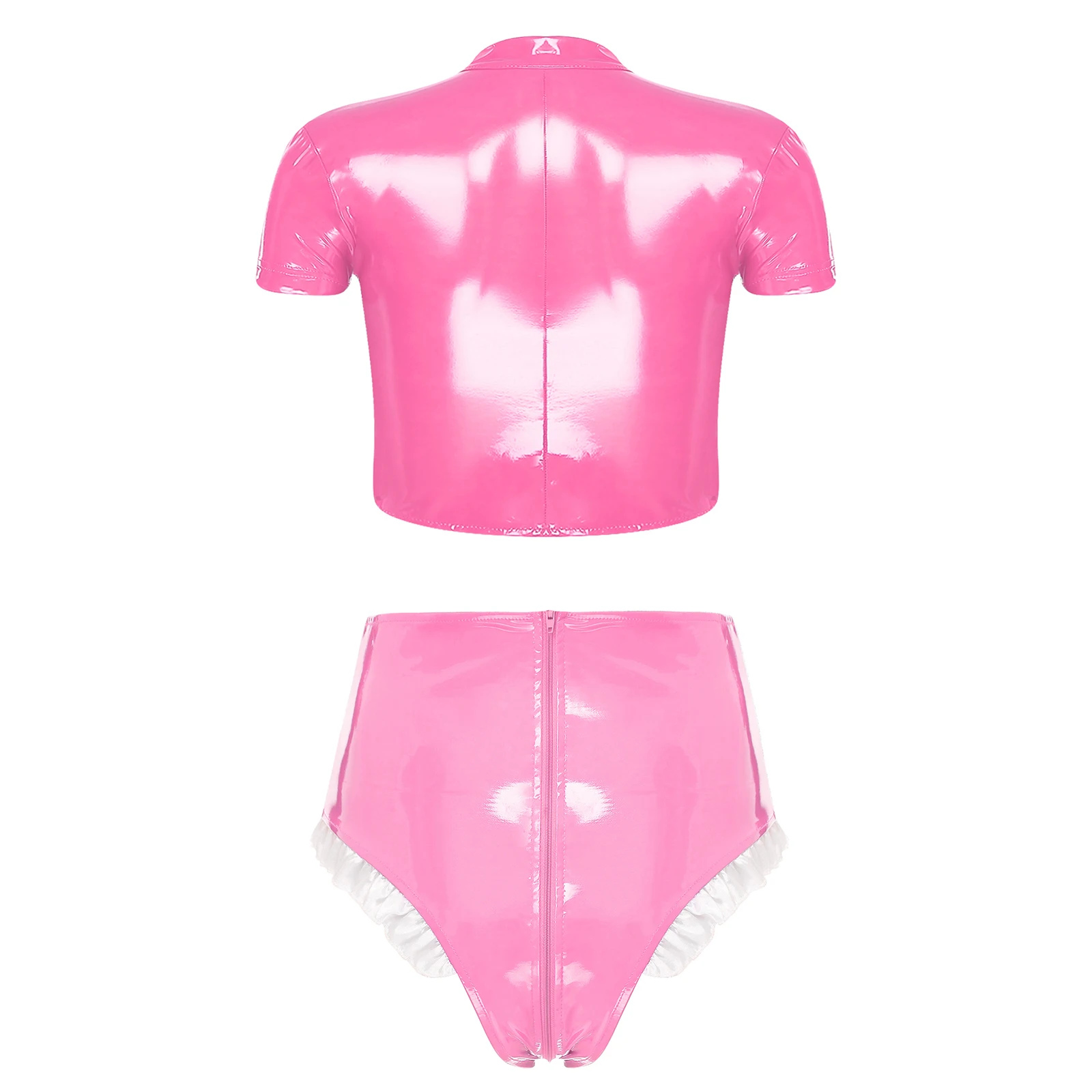 Women Wet Look PU Leather Outfit Clubwear Pole Dance Clothes Cutout Short Sleeve Zipper Underwire Crop Top And High Waist Briefs