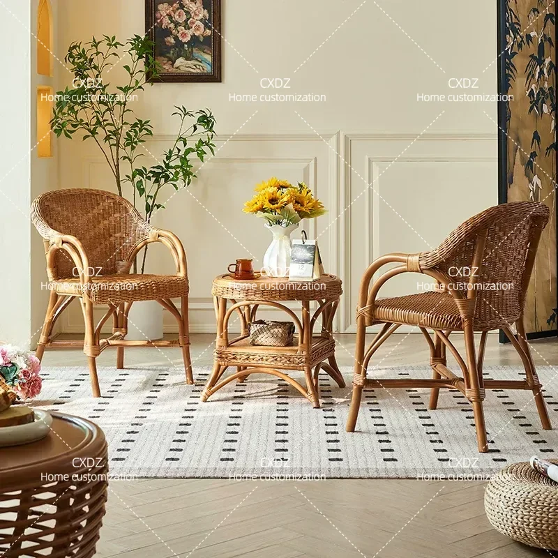 Natural Rattan Chair Single Backrest Leisure Seat for Balcony Home Living Room Comfortable Armchair for Elderly Indoor