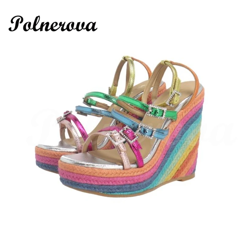 Rainbow Print Espadarille Wedge Sandals Platform Genuine Leather Strap Crystal Buckle Sandals Hollow Slingback Shoes for Women