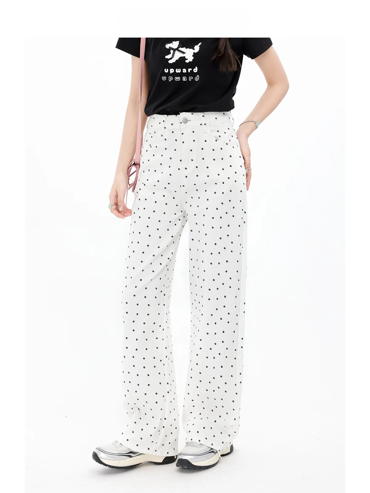 

Женские джинсы с высокой талией, прямые, в горошек, свободные, стройнящие, повседневные, летние, в пол, белые