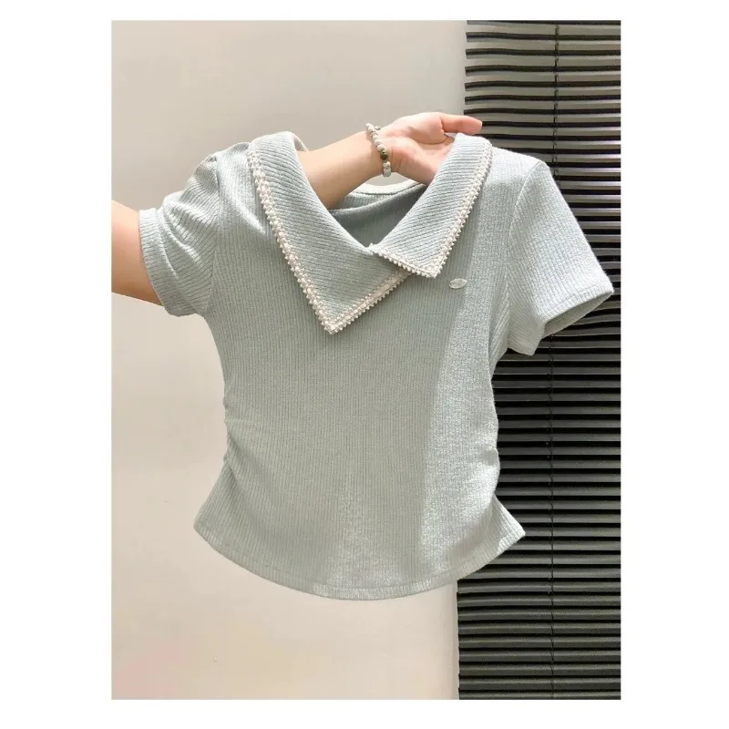 

Women's Light Blue Knit Top Peter Pan Collar With Beaded Trim Short Sleeve Casual Slim Fit Blouse