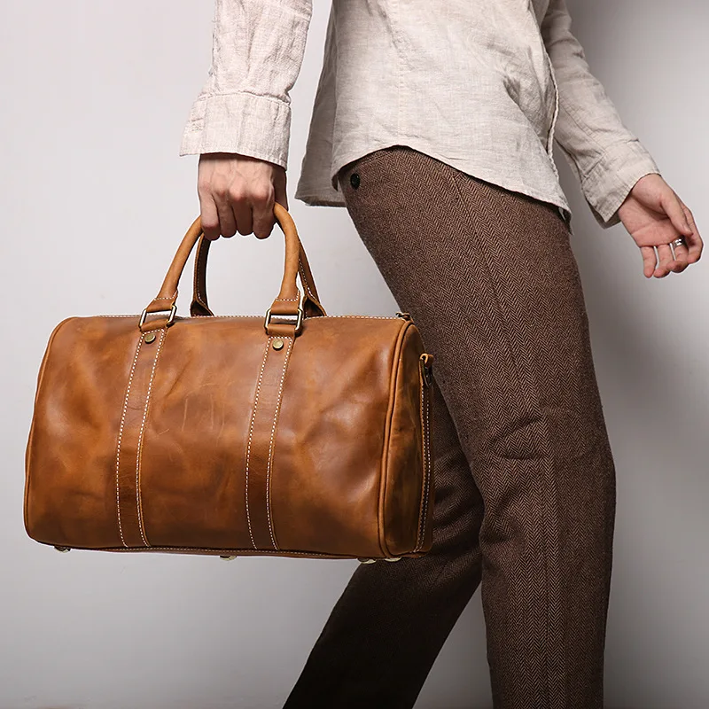 Vintage Genuine Leather Travel Bag Men Crazy Horse Duffel Large Weekend Overnight Luggage Waterproof Business Shoulder