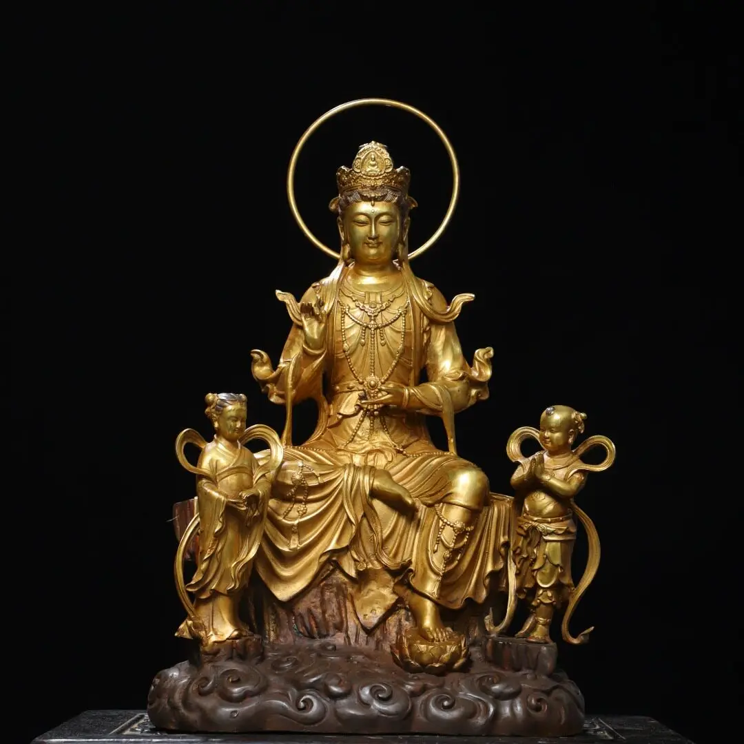Large Brass Full Gold Plated Guanyin with Attendants Buddha Statue Chinese Home Buddhist Altar Decor