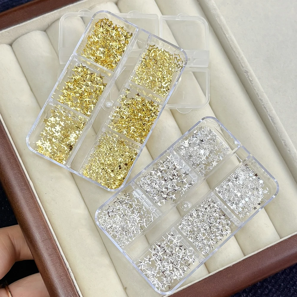 6Gird Boxed 3D Legierung Pentagramme Nagel Nieten Ohrstecker Gold Silber Metall Stern Schmuck Nagel Charms Metallic Juwelen Maniküre Zubehör