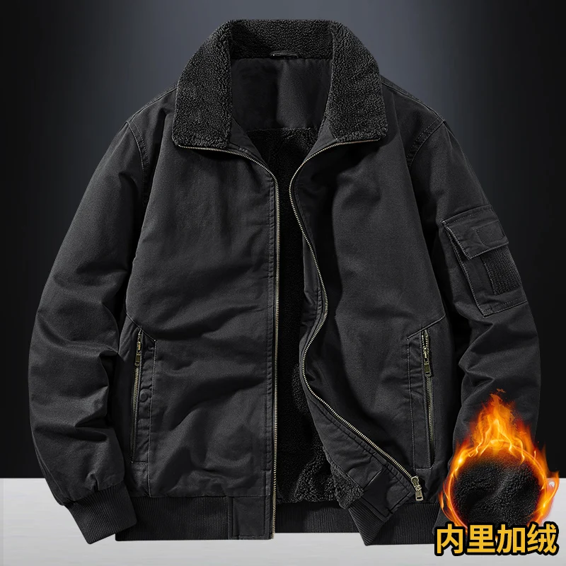 

Korean Style Men Workwear Washed Jacket Warm and Plush Thickened Lamb Fleece Inner Liner Men's Pure Cotton Jacket Men's Clothing