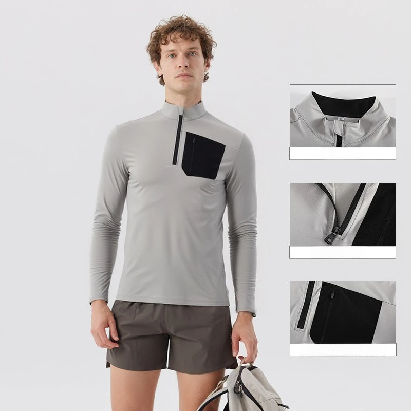 

Мужская уличная спортивная рубашка с защитой от ультрафиолета и полумолнией: осенне-зимняя внутренняя одежда с воротником-стойкой и длинными рукавами