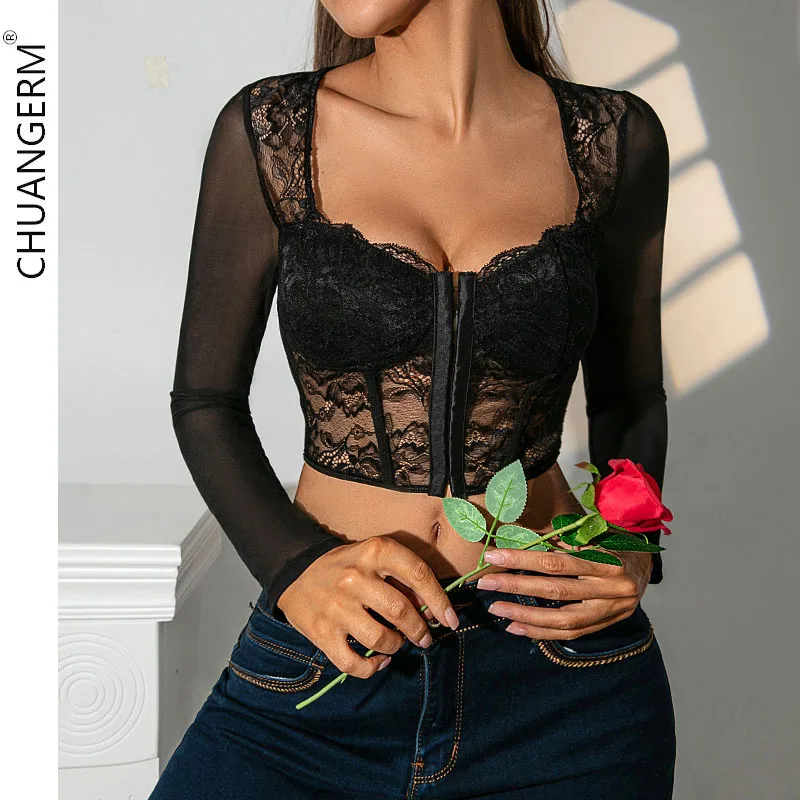 

CHUANGERM Sexy Lace Long Sleeve Women Blouse Black Lace Embroidery Floral Mesh See Through Open Back Boned Mesh Bustier Tops