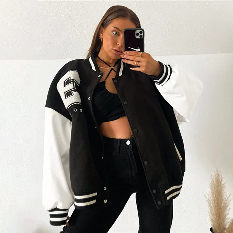 

Autumn Winter Oversized Jackets Women 2022 Fashion Letter Embroidery Baseball Varsity Black Loose PU Sleeve Long Sleeve Y2K Coat