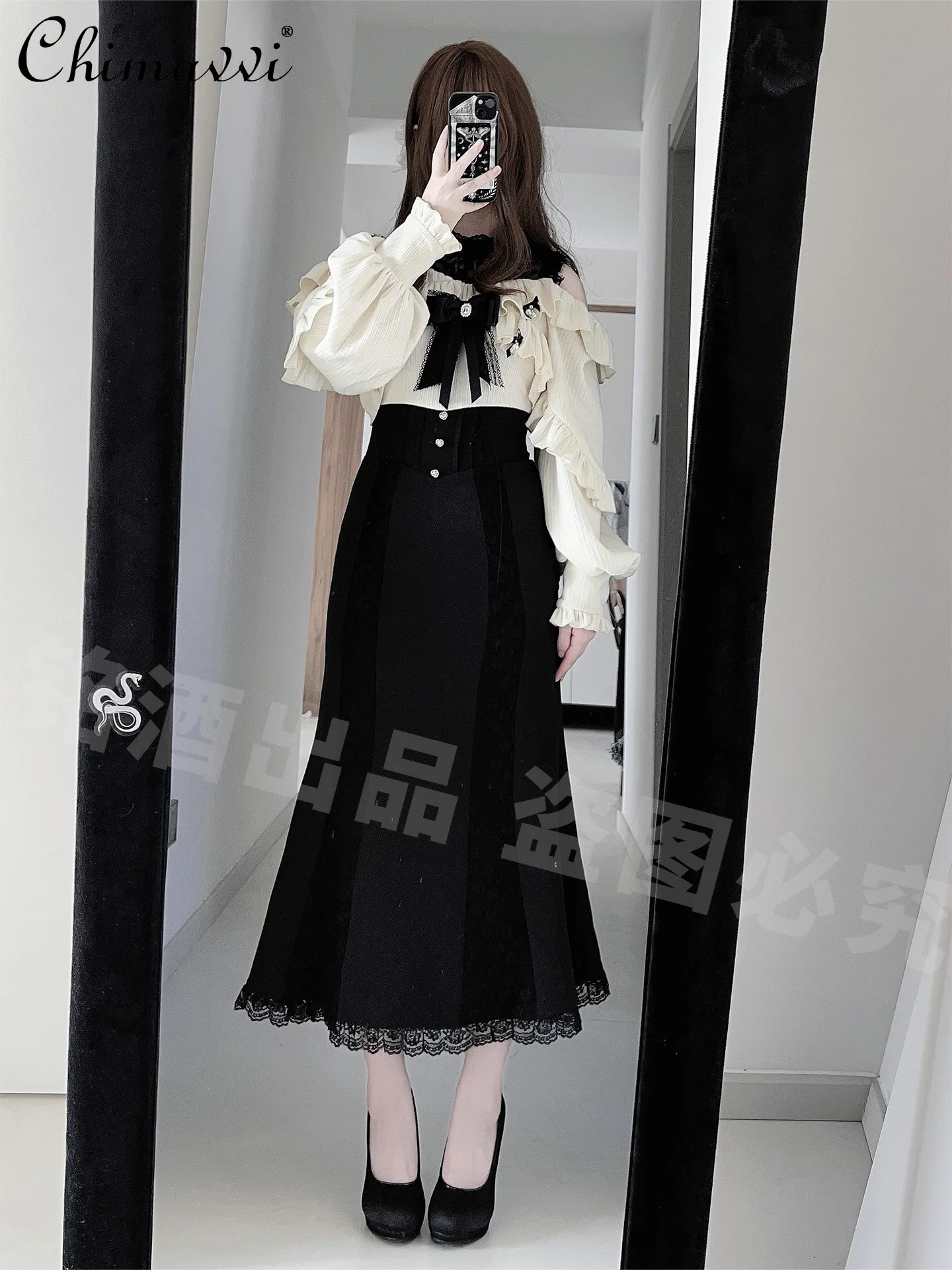 

Japanese Y2K Subculture Black and White Lace Long-sleeved Off-shoulder Long Dress Spring Autumn Gothic Sweet Girls Lolita Dress