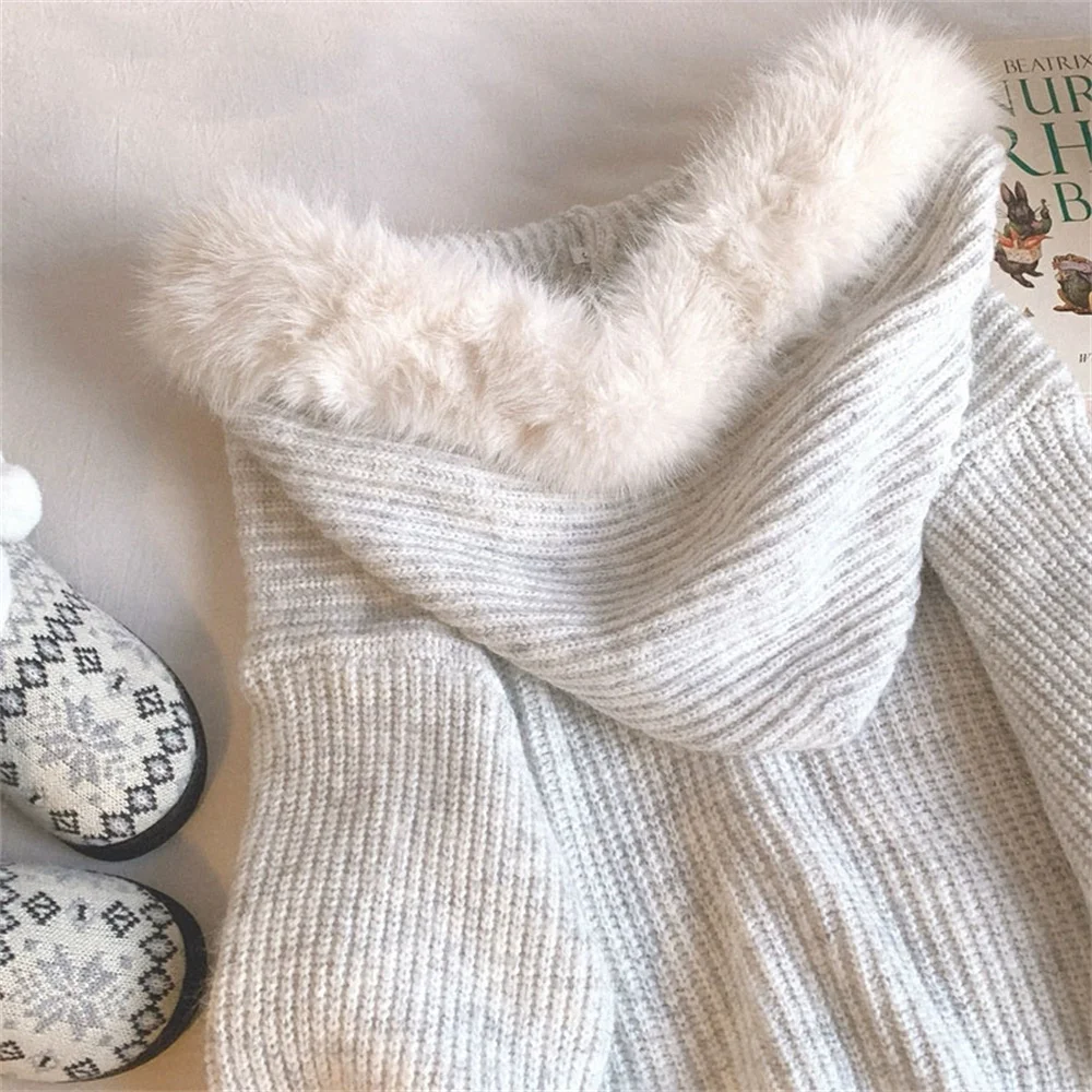 الخريف الشتاء الرمادي اليابانية الحلو الحياكة سترة فضفاضة كسول طويلة الأكمام Kawaii مقنعين سترة مع جيب خمر قمم لطيف #5