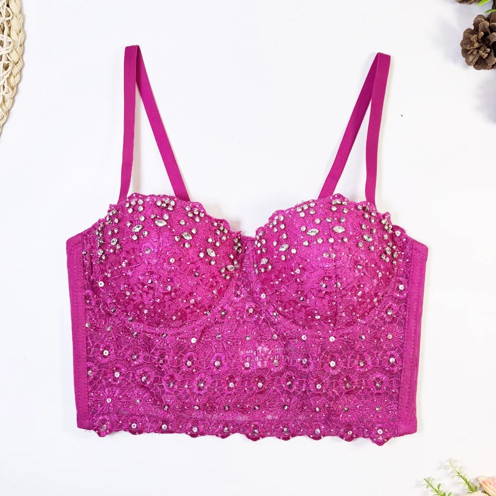 Elegant and fashionable lace suspender hottie bra, bright diamond beaded high-end short top, party club clothing