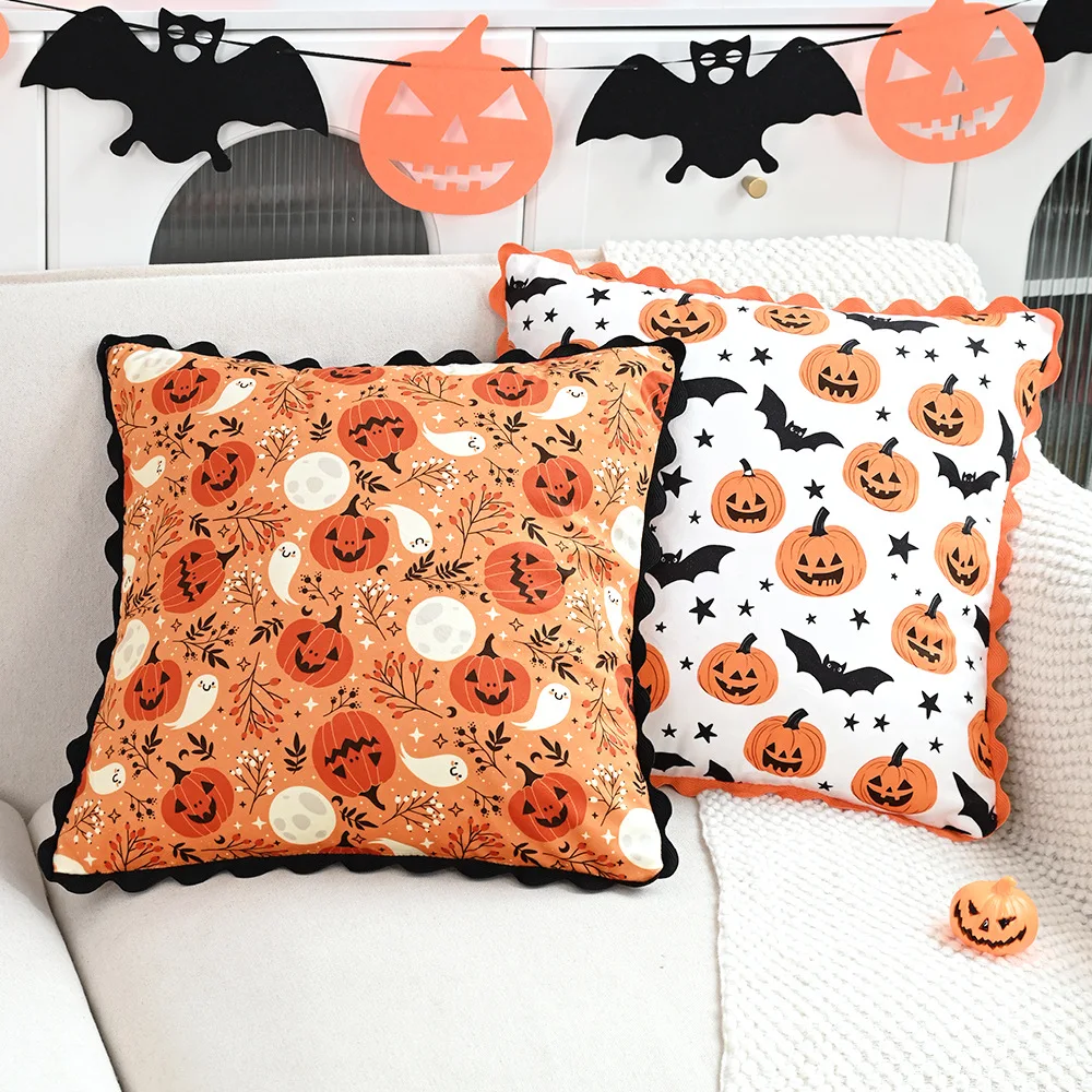 

Halloween Spooky Decoration Pillow Cover Wave Pringed Ghost Pumpkin Black Orange Purple 45x45cm Printed Cushion Cover Sofa Chair