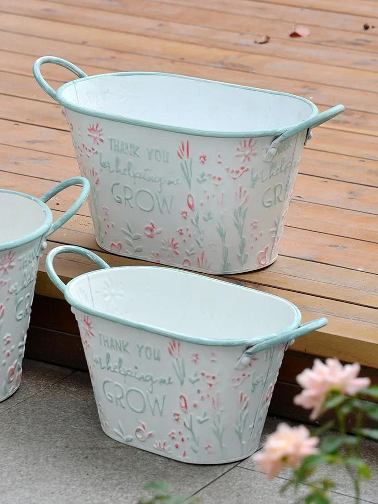 Iron Bucket Square Oval with Dual Handles Relief Printing Flowerpot Garden Grocery Storage Bucket Garden Planting Decoration