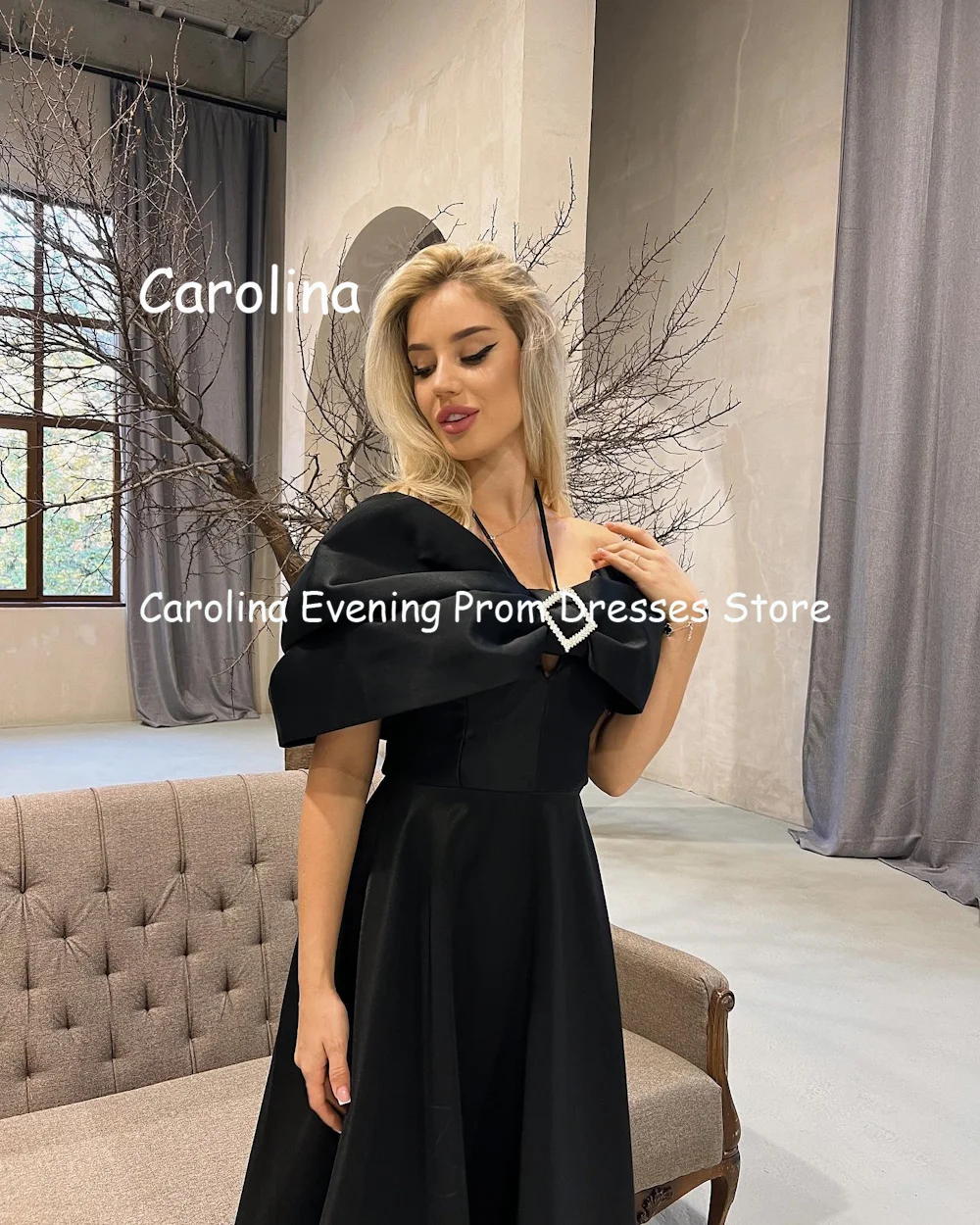 Carolina Satin A-line Off-the-shoulder Ruffle Prom Gown Ankle Length Saudi Evening Formal Elegant Party Dress for Women 2023