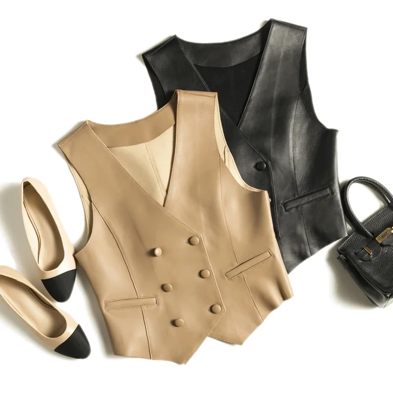 2024 Women Real Leather Double-Breasted V-neck Vest British Elegant Handsome Knight Style Gilet Female Waistcoat Mujer