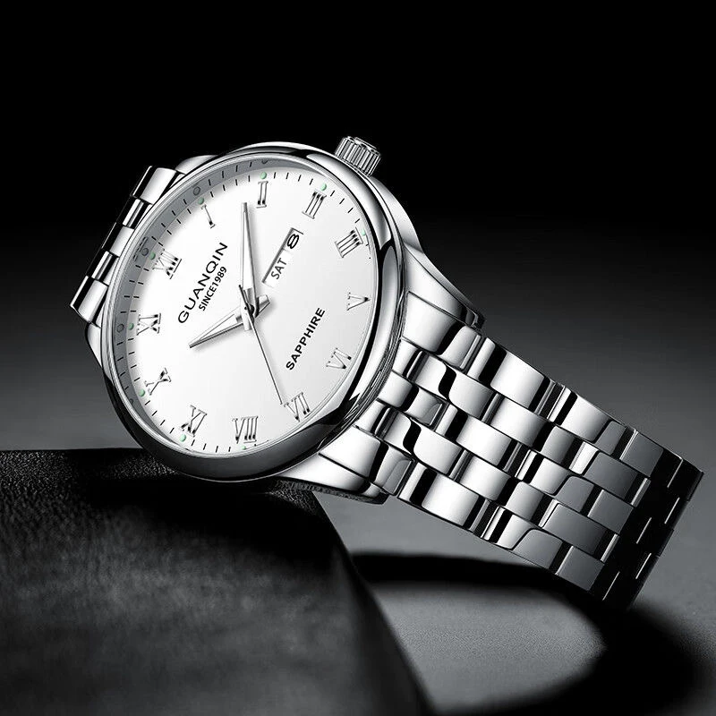 GUANQIN Men's Luxury Quartz Watch Stainless Steel Calendar Week Leisure Luminous Waterproof Premium Wristwatch for Man Gifts