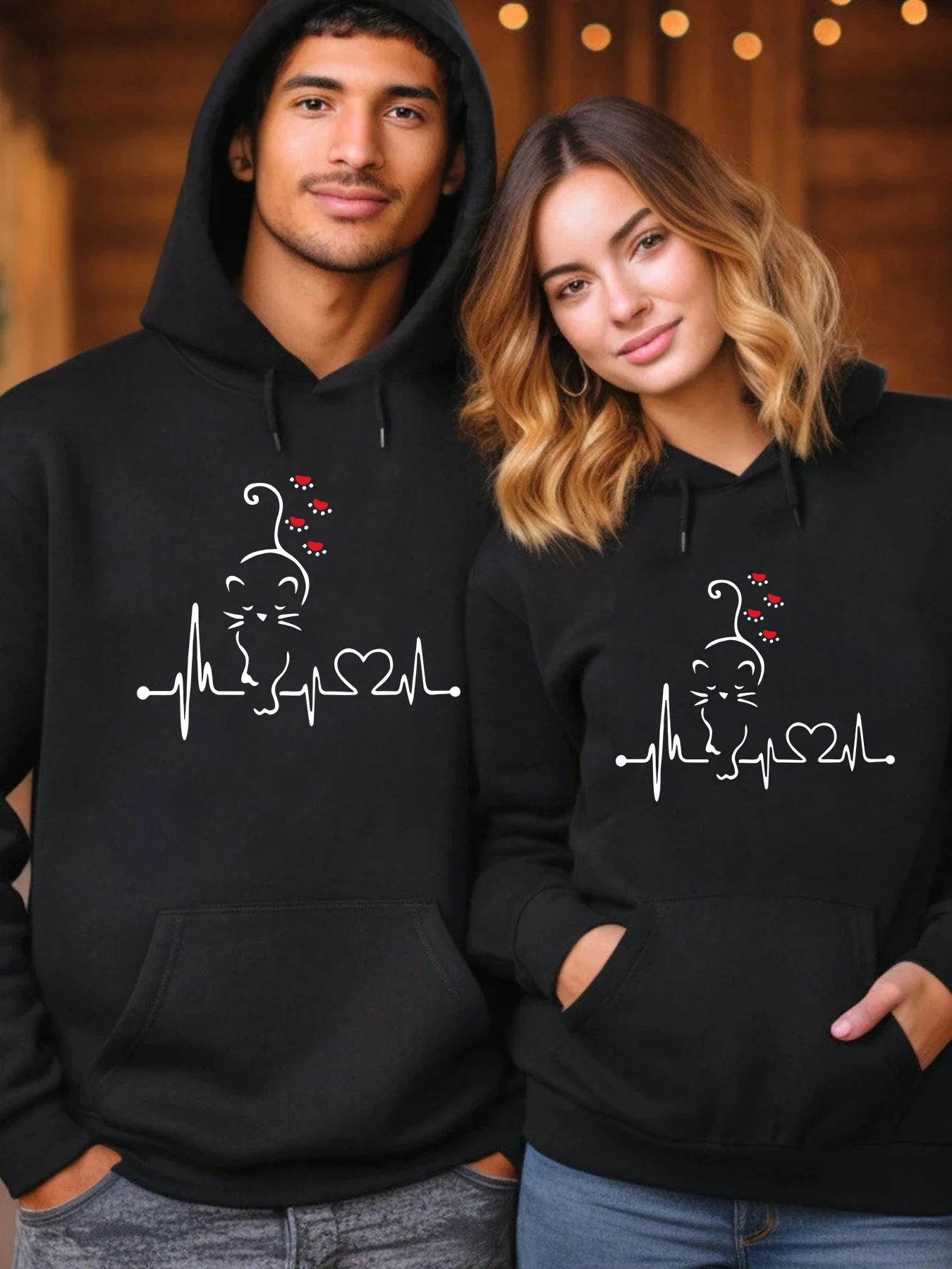 1pc Couple Hoodie Cat Love Ecg Red Heart Print Mens Hoody Comfortable Hip Hop Hoodie Casual Fleece Clothes All-Match Hoodies