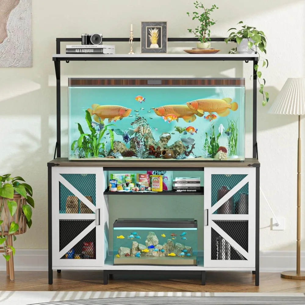 55-75 Gallon Fish Tank Stand,Farmhouse Heavy Duty Metal Aquarium Stand with Power Outlet & LED Light,Reptile Tank Stand