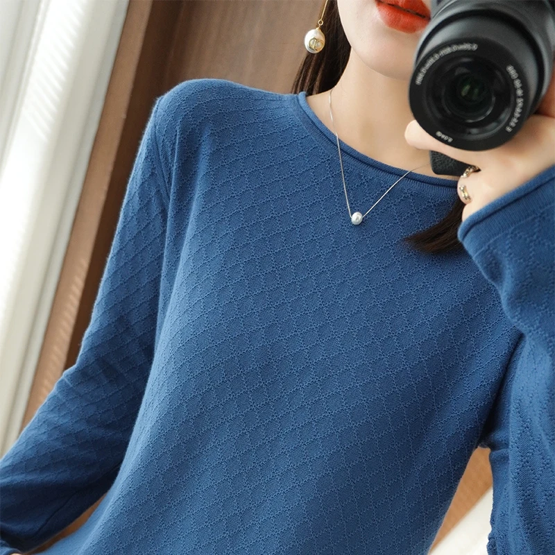 Women 100% Cotton Sweater Curled Round Neck Knitted Pullover Diamond Grid Soft Clothing Long Sleeve Bottoming Tops Autumn Winter