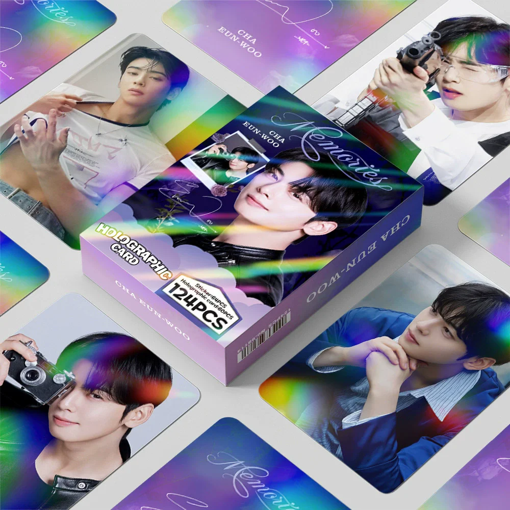 124 tarjetas fotográficas holográficas Cha Eun-woo, juego de pegatinas de tarjetas coleccionables LOMO de estrella coreana de doble cara