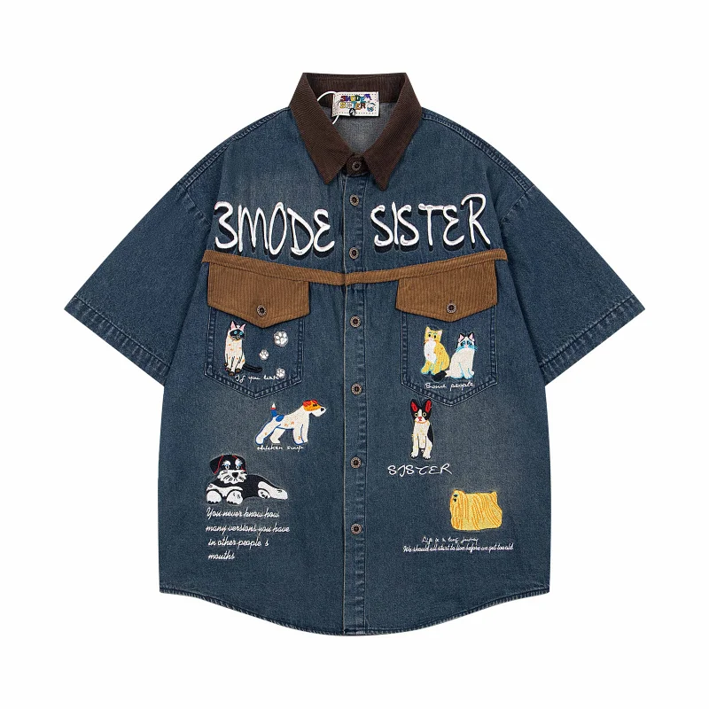 MAQVOB EU US Size High Quality Retro Patchwork Cartoon Embroidery Short Sleeve Denim Shirt Unisex Summer Casual Shirt