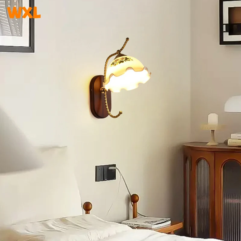 Minimalist Bedroom Bedside Lamp American Retro Living Room Wall Corridor Corridor Lamp Solid Wood Glass LED Wall Lamp