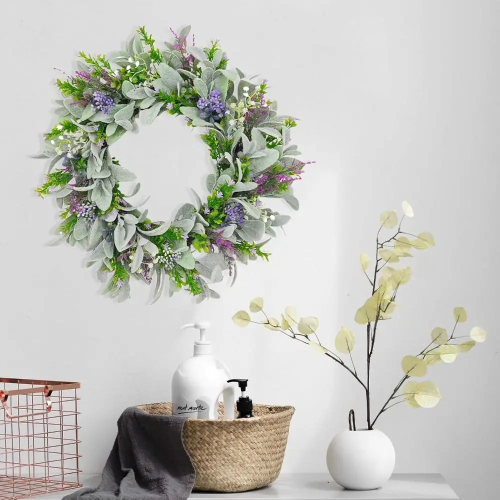 

Венок из искусственной лаванды и растений «Сердцевидный лаванда» с эффектом флокирования, реалистичные яркие цвета, весенний дверной венок ручной работы, для дома и улицы