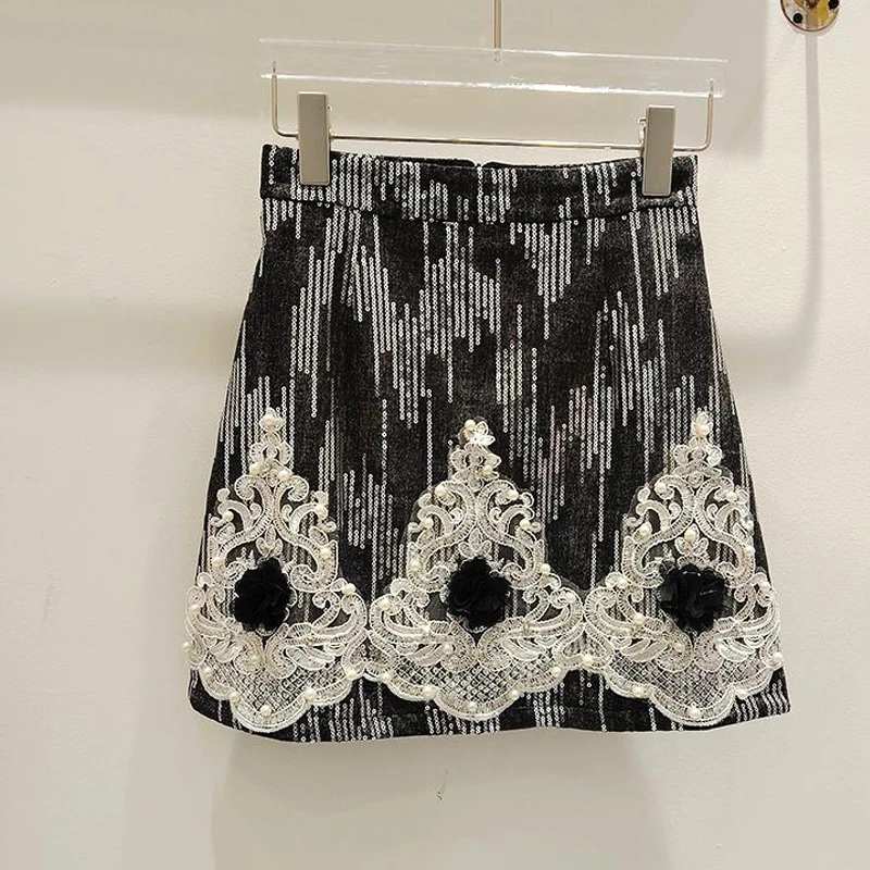Women spring/summer 2025 new item heavy industry nail bead sequin sparkling A-line skirt high waist cowboy short skirt